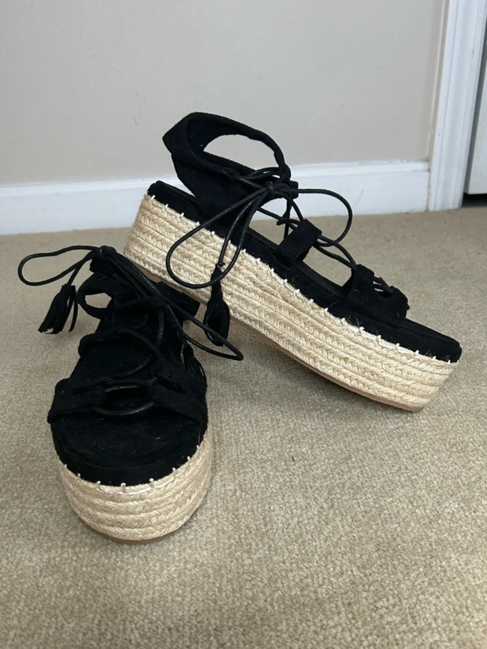 NWOT Black Platform Boho Shoes Lace Up Tie Wedge Sandals With Tassel Size 40